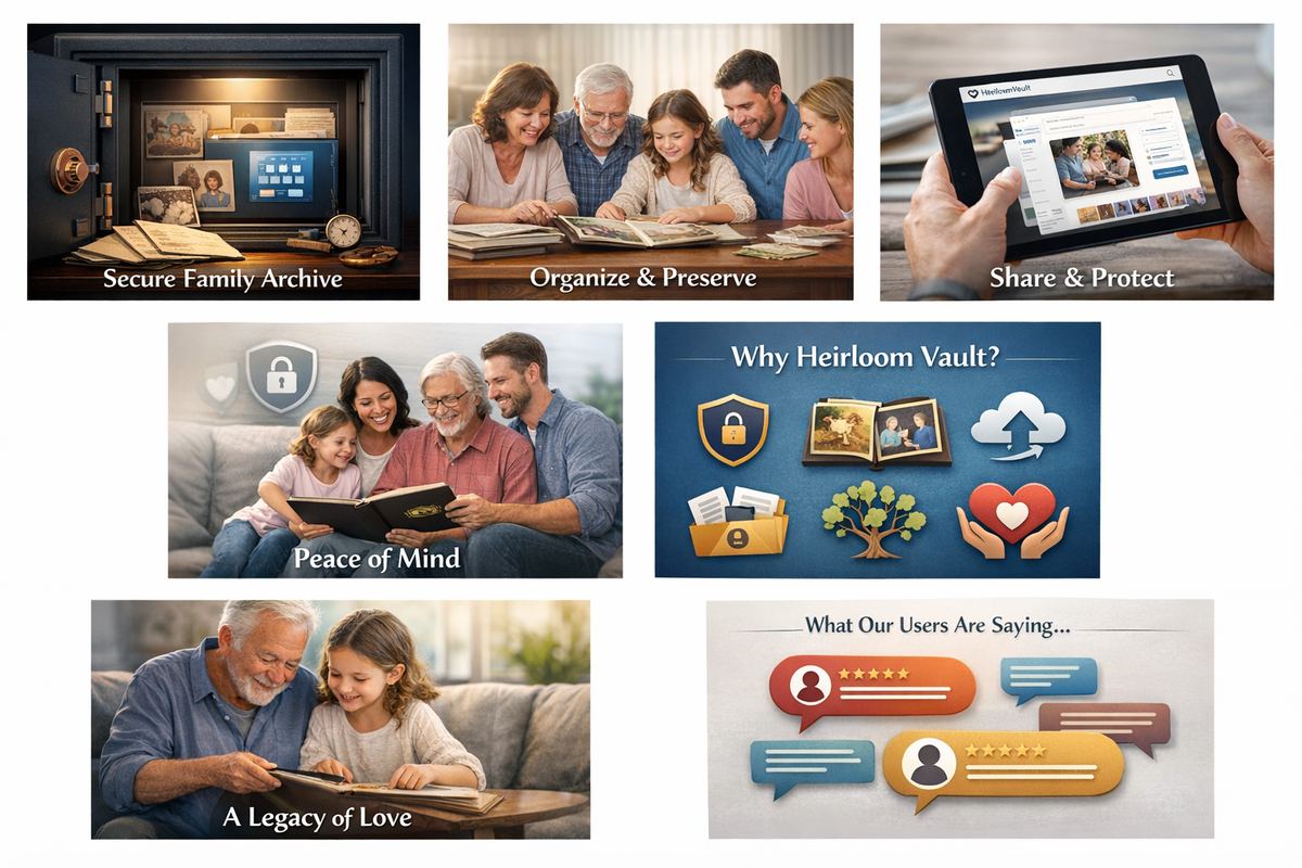 Heirloom Vault features — Secure Family Archive, Organize and Preserve, Share and Protect, Peace of Mind, A Legacy of Love